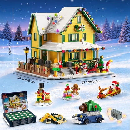 Adventskalender 2026 Weihnachtshaus Mini Bauspielzeug Set mit Licht, 24 Tage Weihnachts Countdown Winterdorf Bausteine mit Weihnachtsmann Weihnachtsbaum