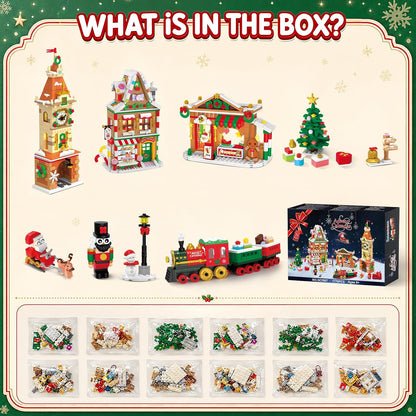 2026 Adventskalender Weihnachtsstadt Mini Bauspielzeug mit Licht, 24 Tage Weihnachts-Countdown mit Weihnachtsmann Schlitten Weihnachtsbaum