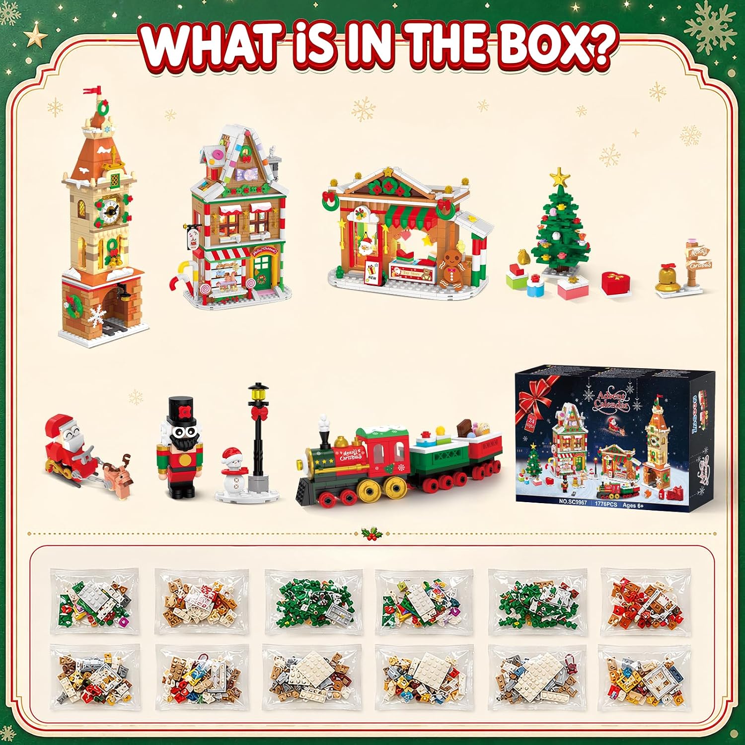 2026 Adventskalender Weihnachtsstadt Mini Bauspielzeug mit Licht, 24 Tage Weihnachts-Countdown mit Weihnachtsmann Schlitten Weihnachtsbaum