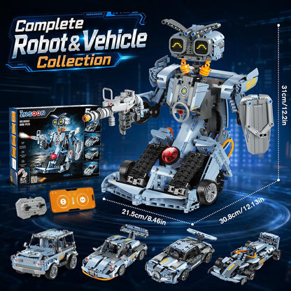 Technik Roboter Spielzeug für Kinder ab 8 Jahren App & Fernsteuerung, 5-IN-1 Roboter Klemmbausteine mit LED-Augen, RC Rennauto Sportwagen Geländewagen Bauspielzeug