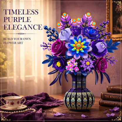 Pfauenblumenstrauß Klemmbaustein-Set, Lila Blumen Bauset mit Vase, Elegante Botanische Dekoration für Zuhause (1223 Teile)