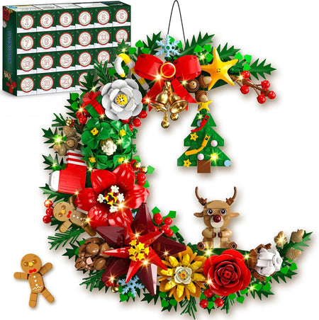 Adventskalender 2026 Weihnachts-Mondkranz Klemmbausteine mit Licht, 24-Tage Weihnachts-Countdown Bausteine, Mondförmige Wanddeko mit Weihnachtsbaum & Blumen