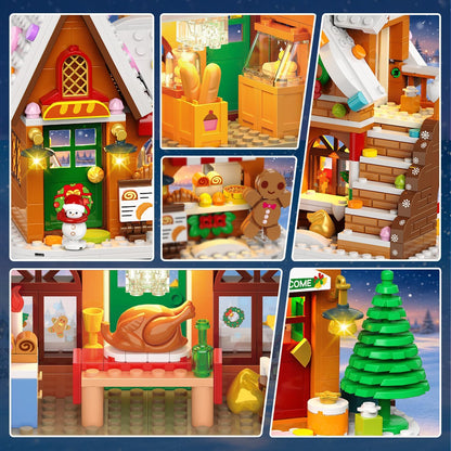 Lebkuchenhaus Weihnachtsdorf Mini-Klemmbaustein-Set mit Lichtern, Weihnachts-Bausteinset mit Baum Zug Weihnachtsmann(1962 Teile)