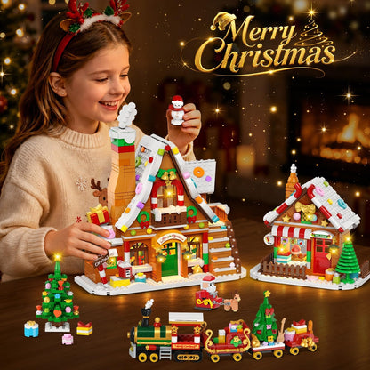 Lebkuchenhaus Weihnachtsdorf Mini-Klemmbaustein-Set mit Lichtern, Weihnachts-Bausteinset mit Baum Zug Weihnachtsmann(1962 Teile)