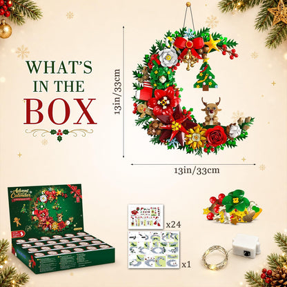 Adventskalender 2026 Weihnachts-Mondkranz Klemmbausteine mit Licht, 24-Tage Weihnachts-Countdown Bausteine, Mondförmige Wanddeko mit Weihnachtsbaum & Blumen