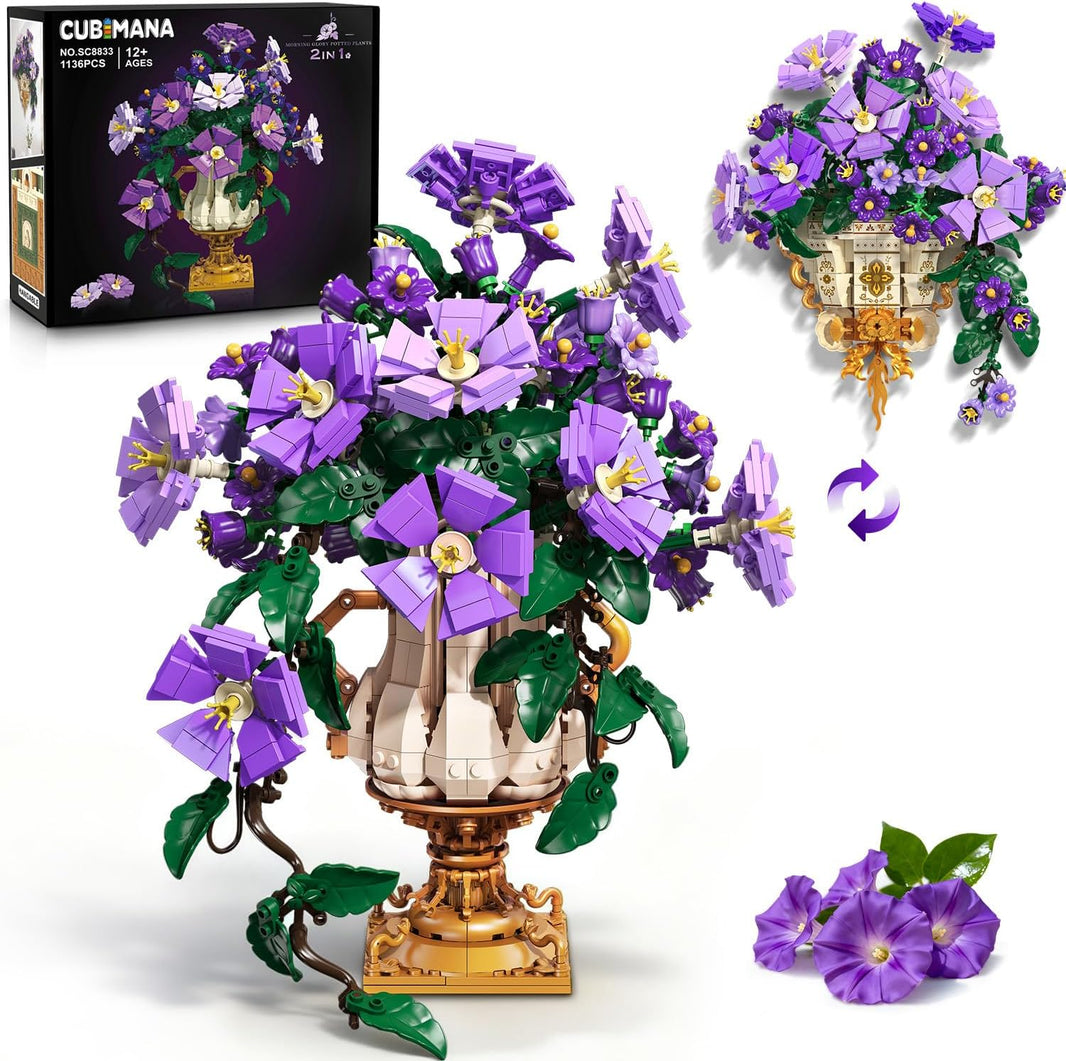 Blumen-Bauset mit Vase - 2-in-1 Prunkwinden-Bonsai-Bausteine