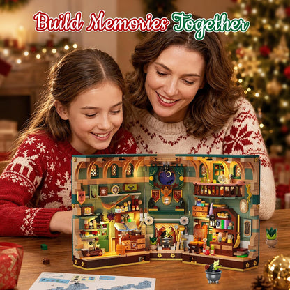 Adventskalender 2026 Weihnachtshaus Magic Book Nook Bauset mit Licht, 24 Tage Weihnachts-Countdown Bookend Klemmbausteine für Deko