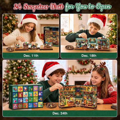 Adventskalender 2026 Weihnachtshaus Magic Book Nook Bauset mit Licht, 24 Tage Weihnachts-Countdown Bookend Klemmbausteine für Deko
