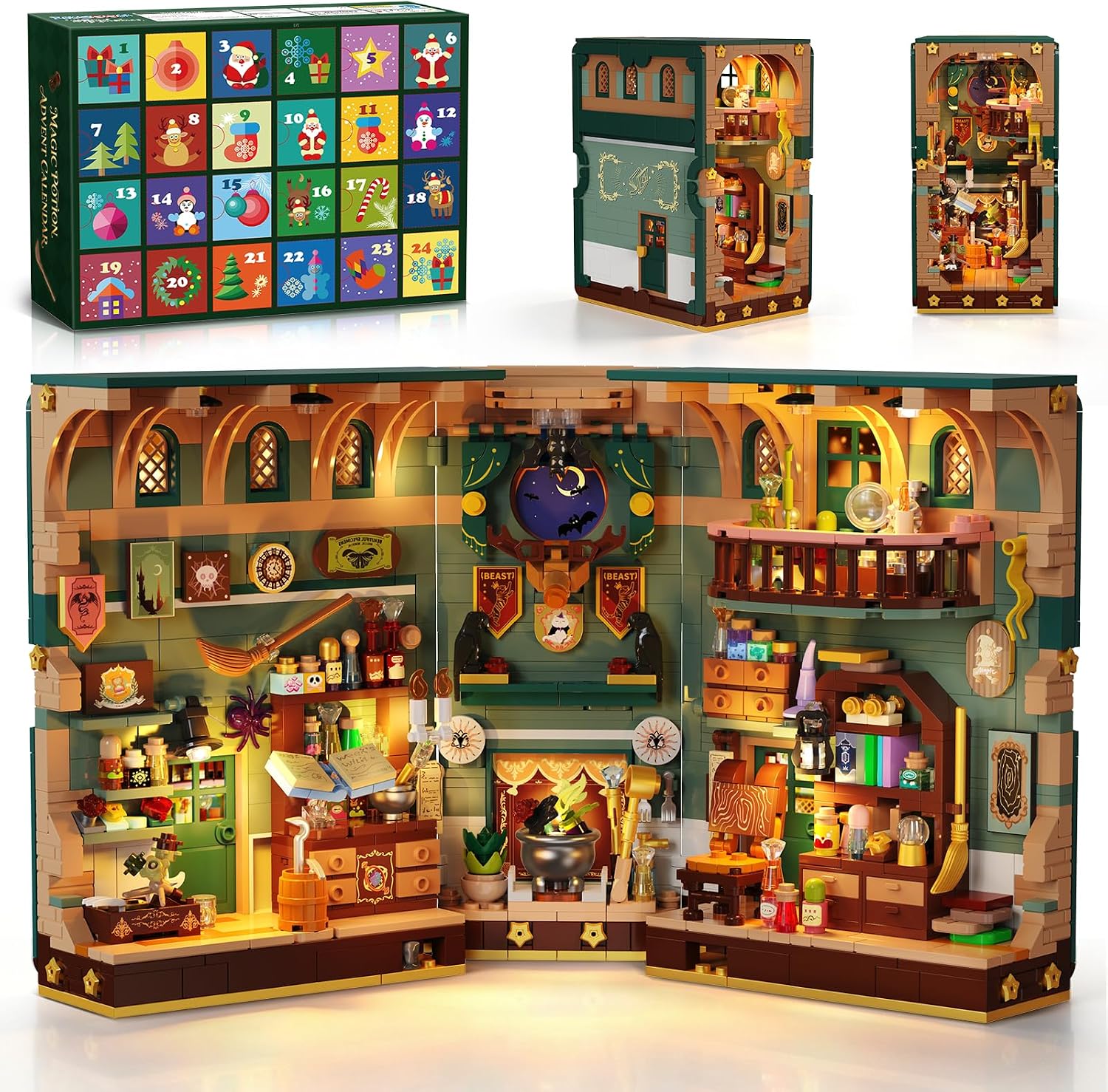 Adventskalender 2026 Weihnachtshaus Magic Book Nook Bauset mit Licht, 24 Tage Weihnachts-Countdown Bookend Klemmbausteine für Deko