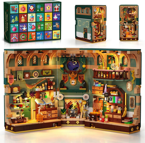 Adventskalender 2026 Weihnachtshaus Magic Book Nook Bauset mit Licht, 24 Tage Weihnachts-Countdown Bookend Klemmbausteine für Deko