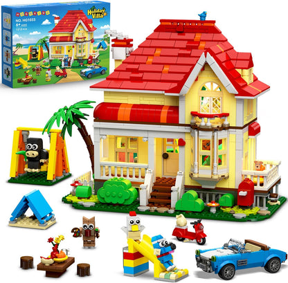 Friends Haus Bauspielzeug mit LED Licht - 1212 Teile City Villa Bausteine Spielzeug mit 4 Tieren & Auto Rutsche Schaukel, Geburtstag Geschenk für Mädchen Jungen Kinder ab 6 7 8 9 10 11+ Jahre