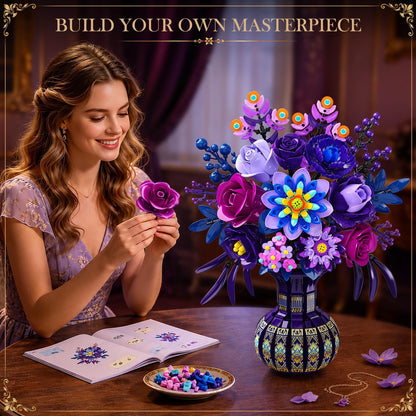 Pfauenblumenstrauß Klemmbaustein-Set, Lila Blumen Bauset mit Vase, Elegante Botanische Dekoration für Zuhause (1223 Teile)