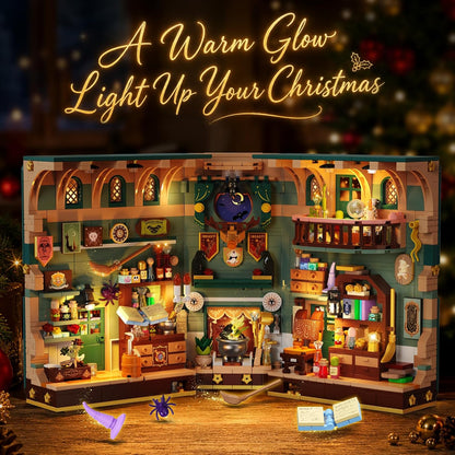 Adventskalender 2026 Weihnachtshaus Magic Book Nook Bauset mit Licht, 24 Tage Weihnachts-Countdown Bookend Klemmbausteine für Deko
