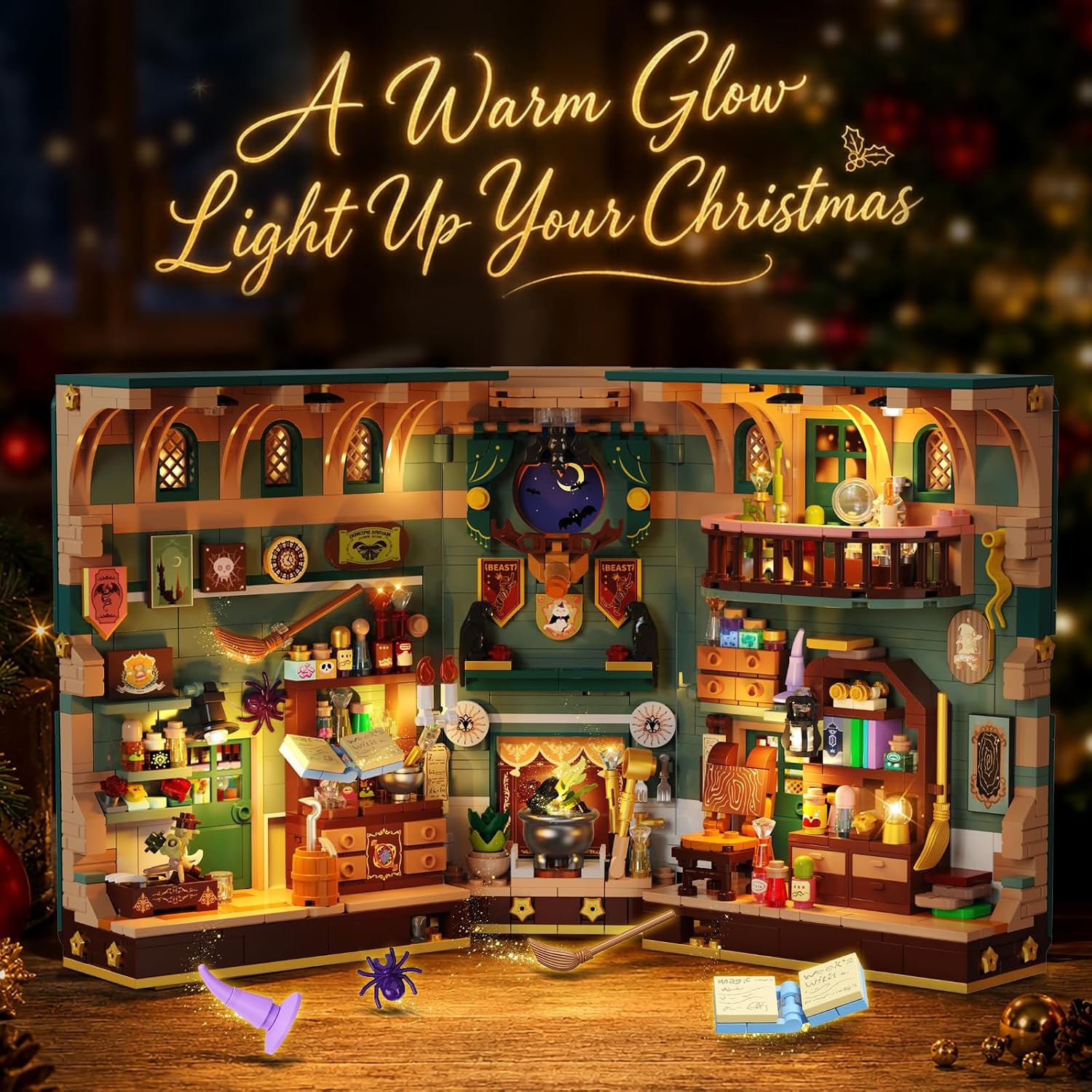 Adventskalender 2026 Weihnachtshaus Magic Book Nook Bauset mit Licht, 24 Tage Weihnachts-Countdown Bookend Klemmbausteine für Deko