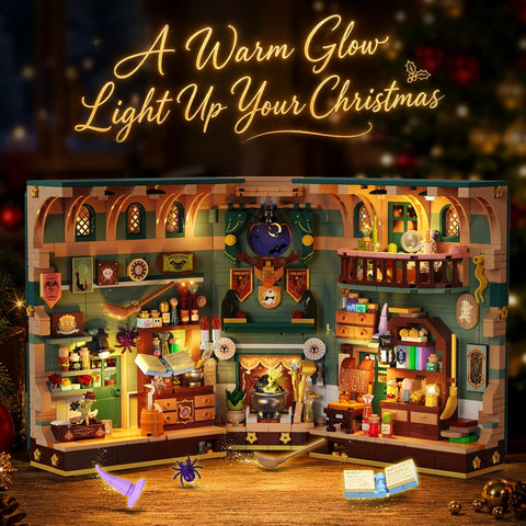 Adventskalender 2026 Weihnachtshaus Magic Book Nook Bauset mit Licht, 24 Tage Weihnachts-Countdown Bookend Klemmbausteine für Deko