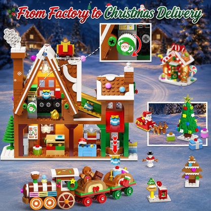 Weihnachten Lebkuchenhaus Geschenkefabrik Mini Bauset mit Licht, 2026 Weihnachts Klemmbausteine Set mit Weihnachtsbaum