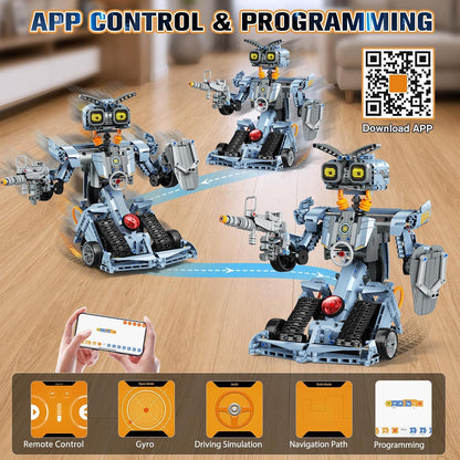 Technik Roboter Spielzeug für Kinder ab 8 Jahren App & Fernsteuerung, 5-IN-1 Roboter Klemmbausteine mit LED-Augen, RC Rennauto Sportwagen Geländewagen Bauspielzeug
