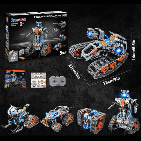 5-in-1 Bauspielzeug – Wiederaufladbarer Panzer-Roboter & Schlitten-Kettenfahrzeug