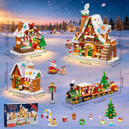 Lebkuchenhaus Weihnachtsdorf Mini-Klemmbaustein-Set mit Lichtern, Weihnachts-Bausteinset mit Baum Zug Weihnachtsmann(1962 Teile)