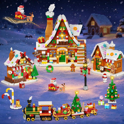 Lebkuchenhaus Weihnachtsdorf Mini-Klemmbaustein-Set mit Lichtern, Weihnachts-Bausteinset mit Baum Zug Weihnachtsmann(1962 Teile)