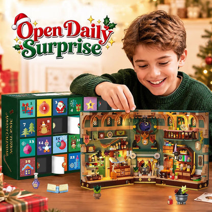 Adventskalender 2026 Weihnachtshaus Magic Book Nook Bauset mit Licht, 24 Tage Weihnachts-Countdown Bookend Klemmbausteine für Deko