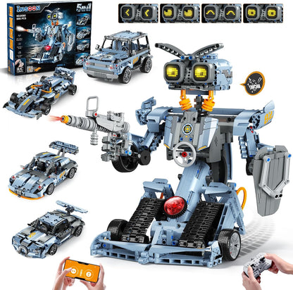 Technik Roboter Spielzeug für Kinder ab 8 Jahren App & Fernsteuerung, 5-IN-1 Roboter Klemmbausteine mit LED-Augen, RC Rennauto Sportwagen Geländewagen Bauspielzeug