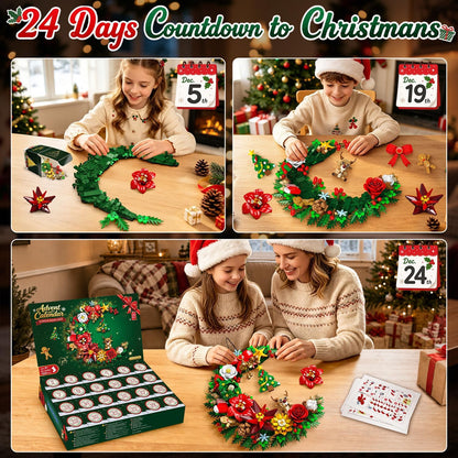 Adventskalender 2026 Weihnachts-Mondkranz Klemmbausteine mit Licht, 24-Tage Weihnachts-Countdown Bausteine, Mondförmige Wanddeko mit Weihnachtsbaum & Blumen