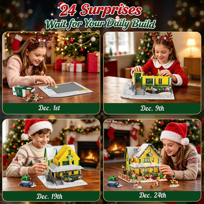 Adventskalender 2026 Weihnachtshaus Mini Bauspielzeug Set mit Licht, 24 Tage Weihnachts Countdown Winterdorf Bausteine mit Weihnachtsmann Weihnachtsbaum