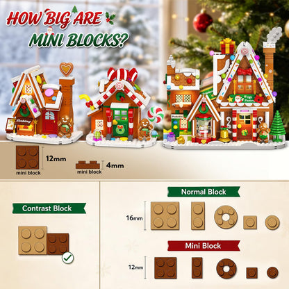 Weihnachten Lebkuchenhaus Geschenkefabrik Mini Bauset mit Licht, 2026 Weihnachts Klemmbausteine Set mit Weihnachtsbaum