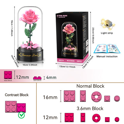 Rosenblumen-Bausatz mit Spieldose und Vitrine – 126-teiliges Botanical-Collection-Baukasten-Set, romantische rosa Rosen-Deko, Bastelgeschenk für Frauen und Mädchen ab 6 Jahren