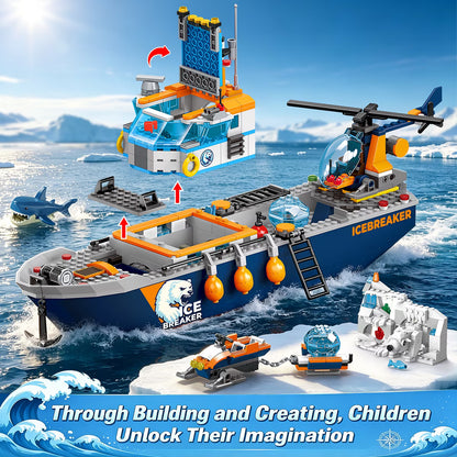 482-teiliges Arktisches Eisbrecher-Schiff-Bausteine-Set mit Hubschrauber, Boot und Eisbär – Ozean-Abenteuer-MINT-Konstruktionsspielzeug für Jungen von 6 bis 12 Jahren