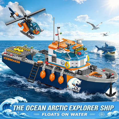 482-teiliges Arktisches Eisbrecher-Schiff-Bausteine-Set mit Hubschrauber, Boot und Eisbär – Ozean-Abenteuer-MINT-Konstruktionsspielzeug für Jungen von 6 bis 12 Jahren