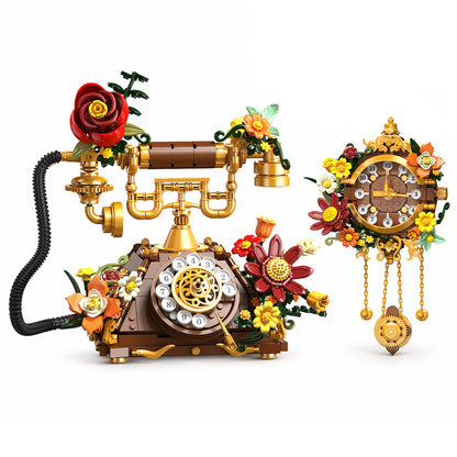 930-teiliger 2-in-1 Retro-Telefon- und Wanduhr-Bausatz – Bausteine als Wohndekoration für Schlafzimmer oder Büro