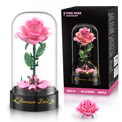 Rosenblumen-Bausatz mit Spieldose und Vitrine – 126-teiliges Botanical-Collection-Baukasten-Set, romantische rosa Rosen-Deko, Bastelgeschenk für Frauen und Mädchen ab 6 Jahren