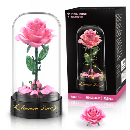 Rosenblumen-Bausatz mit Spieldose und Vitrine – 126-teiliges Botanical-Collection-Baukasten-Set, romantische rosa Rosen-Deko, Bastelgeschenk für Frauen und Mädchen ab 6 Jahren