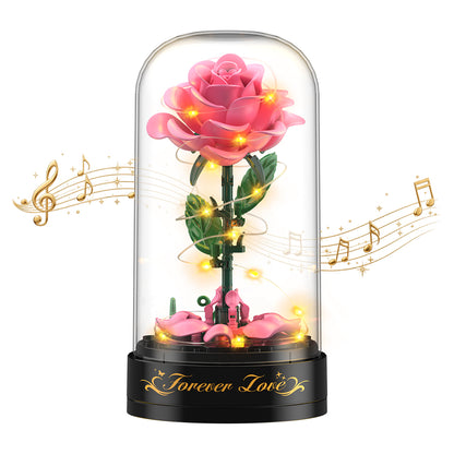 Rosenblumen-Bausatz mit Spieldose und Vitrine – 126-teiliges Botanical-Collection-Baukasten-Set, romantische rosa Rosen-Deko, Bastelgeschenk für Frauen und Mädchen ab 6 Jahren