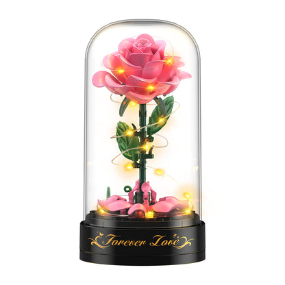 Rosenblumen-Bausatz mit Spieldose und Vitrine – 126-teiliges Botanical-Collection-Baukasten-Set, romantische rosa Rosen-Deko, Bastelgeschenk für Frauen und Mädchen ab 6 Jahren