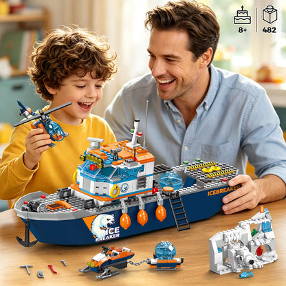 482-teiliges Arktisches Eisbrecher-Schiff-Bausteine-Set mit Hubschrauber, Boot und Eisbär – Ozean-Abenteuer-MINT-Konstruktionsspielzeug für Jungen von 6 bis 12 Jahren