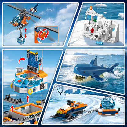 482-teiliges Arktisches Eisbrecher-Schiff-Bausteine-Set mit Hubschrauber, Boot und Eisbär – Ozean-Abenteuer-MINT-Konstruktionsspielzeug für Jungen von 6 bis 12 Jahren