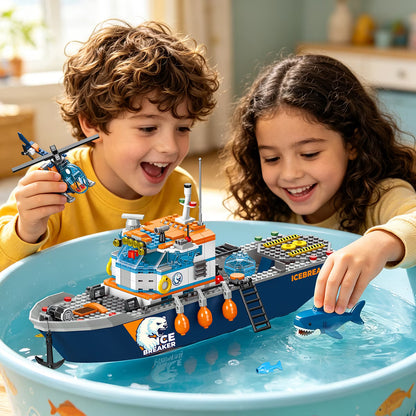 482-teiliges Arktisches Eisbrecher-Schiff-Bausteine-Set mit Hubschrauber, Boot und Eisbär – Ozean-Abenteuer-MINT-Konstruktionsspielzeug für Jungen von 6 bis 12 Jahren