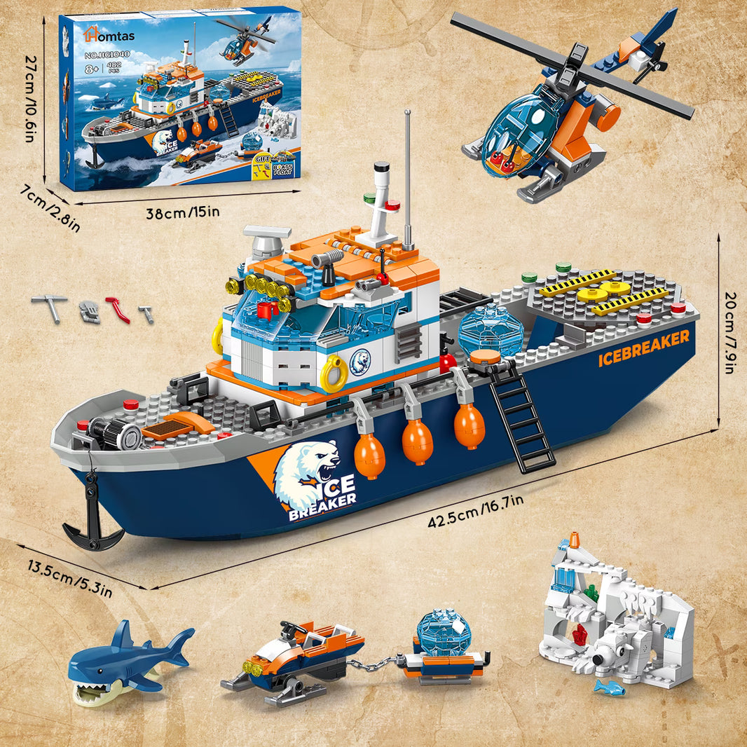 482-teiliges Arktisches Eisbrecher-Schiff-Bausteine-Set mit Hubschrauber, Boot und Eisbär – Ozean-Abenteuer-MINT-Konstruktionsspielzeug für Jungen von 6 bis 12 Jahren