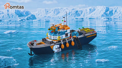 482-teiliges Arktisches Eisbrecher-Schiff-Bausteine-Set mit Hubschrauber, Boot und Eisbär – Ozean-Abenteuer-MINT-Konstruktionsspielzeug für Jungen von 6 bis 12 Jahren