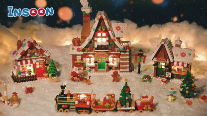 Lebkuchenhaus Weihnachtsdorf Mini-Klemmbaustein-Set mit Lichtern, Weihnachts-Bausteinset mit Baum Zug Weihnachtsmann(1962 Teile)