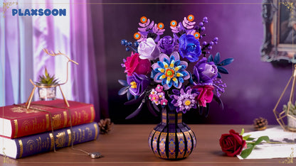Pfauenblumenstrauß Klemmbaustein-Set, Lila Blumen Bauset mit Vase, Elegante Botanische Dekoration für Zuhause (1223 Teile)